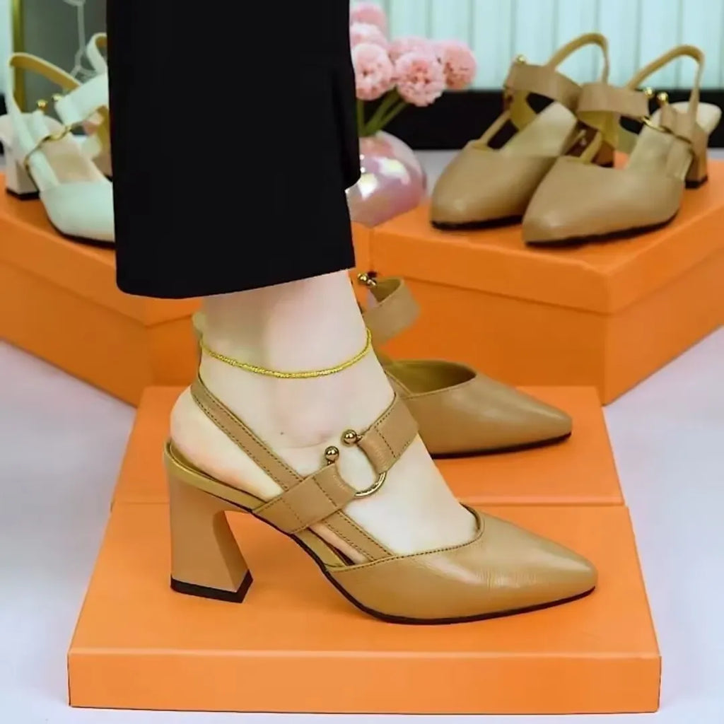 Women's apricot pigskin leather closed-toe sandals with a chunky heel and back strap on a white background.