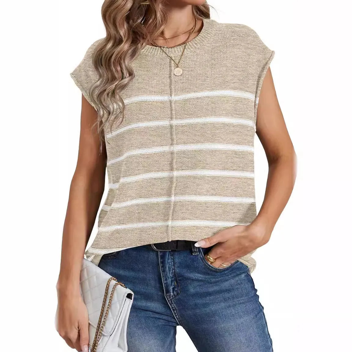Women's striped vest sleeve pullover top in acrylic fabric with bone stitching detail