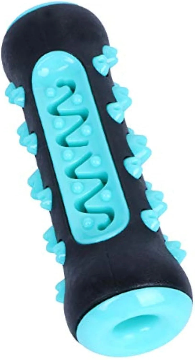 Natural rubber dog toothbrush chew toy for dental cleaning in blue, green, yellow, or black blue.