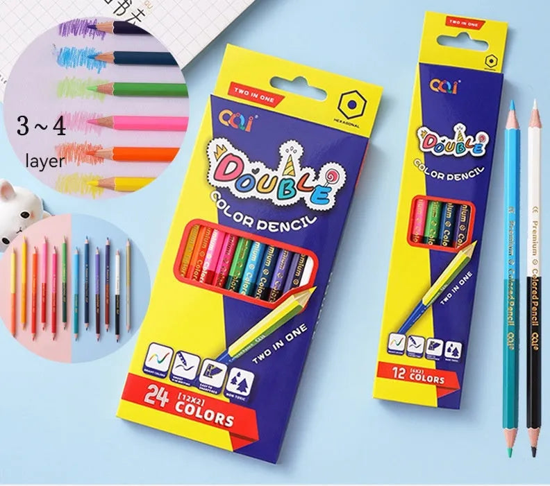 Set of wooden colour pencils with double-headed leads shown in 12-piece and 6-piece options.