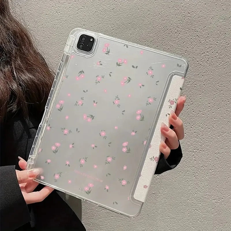 Transparent floral patterned tri-fold iPad case with magnetic stand function showing compatible tablet models