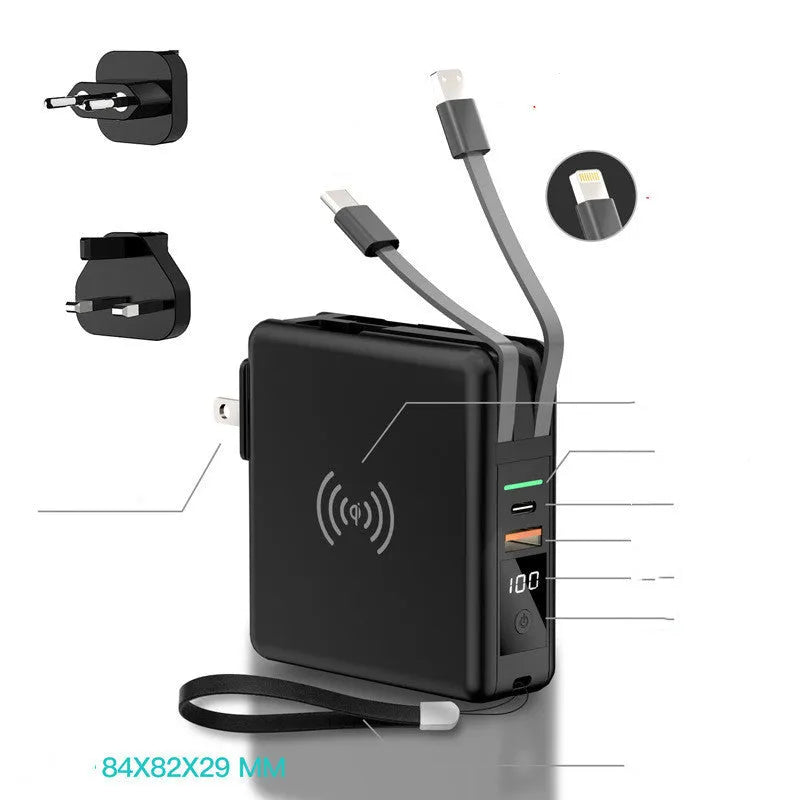Black and white 10000mAh power bank with wireless charging surface and foldable plug