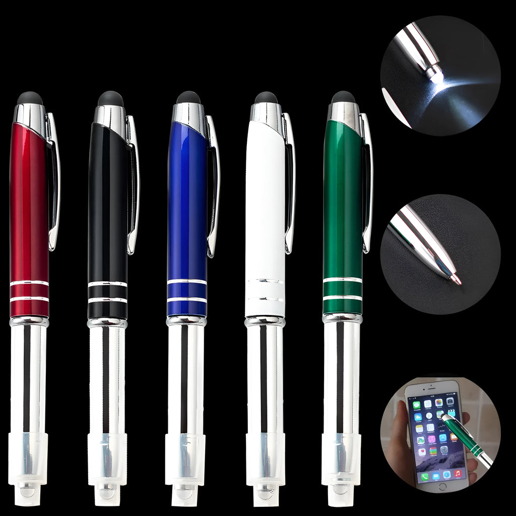 Red metal ballpoint pen with capacitive stylus tip and LED light, one of five colour options