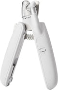 White pet nail clippers with LED light, transparent guard, and a separate nail file on a plain background.