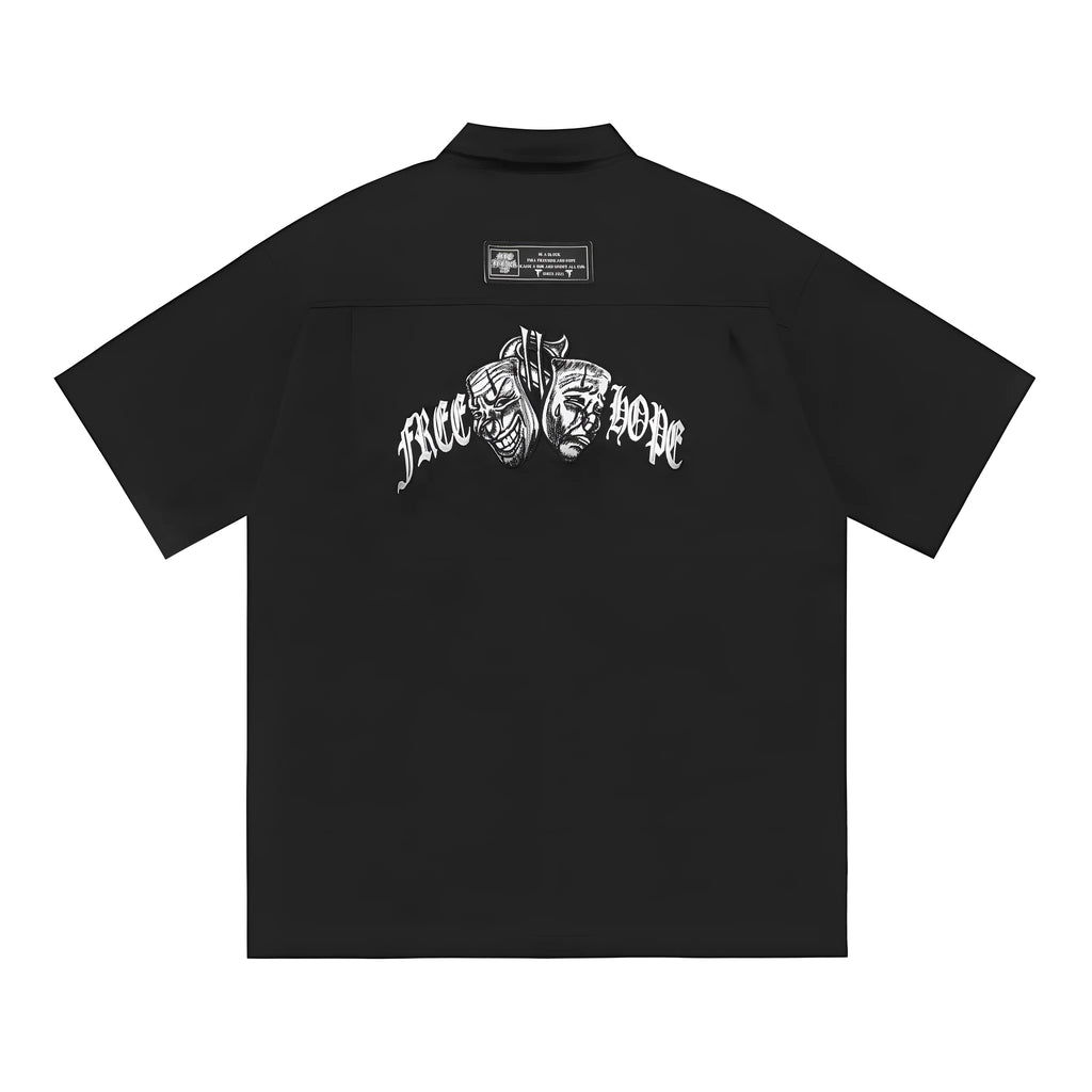 Men's loose embroidered pocket shirt in black, half sleeve cotton blend work shirt