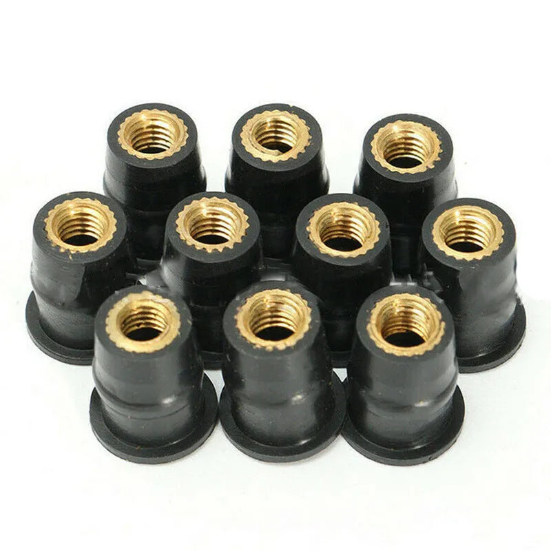 Black rubber motorcycle well nut fasteners with brass threads in M4, M5, and M6 sizes, 10 piece kit.