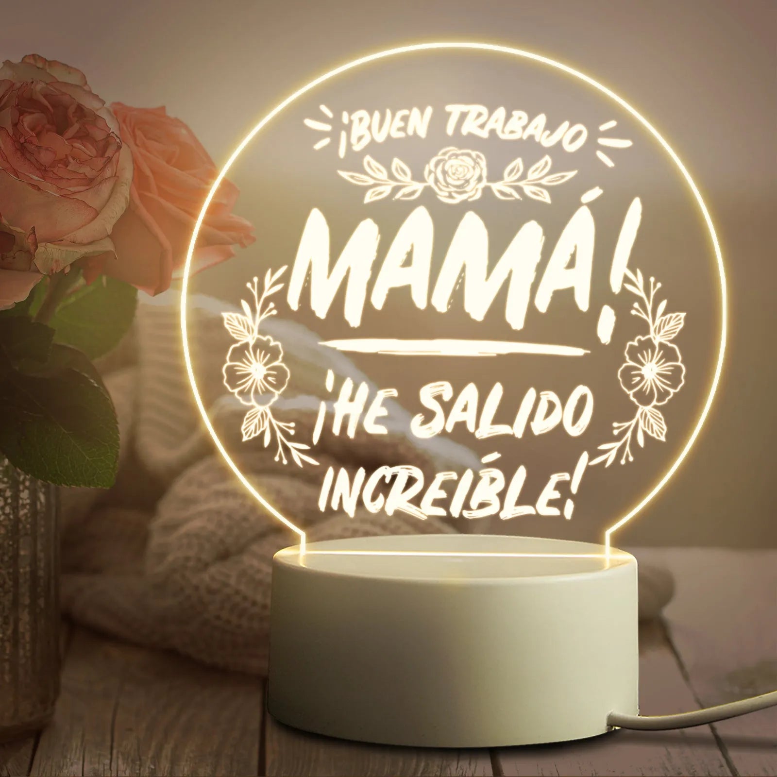 Acrylic LED night light with warm light on white base, USB powered, modern minimalist bedside decoration