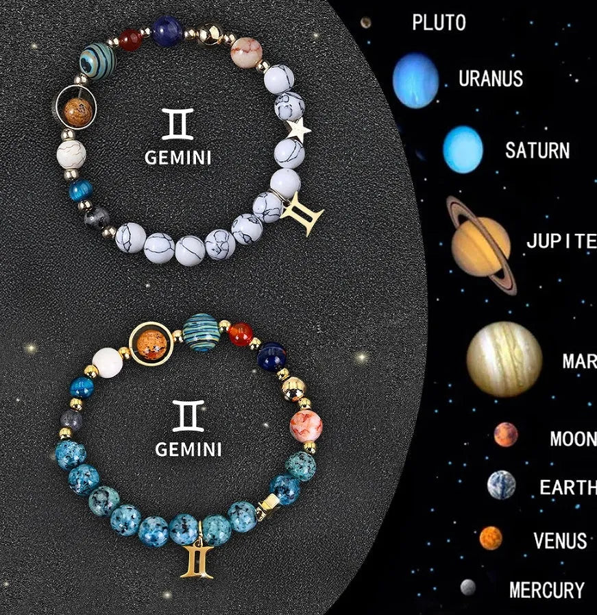 Natural stone beaded bracelets engraved with zodiac symbols on adjustable closures