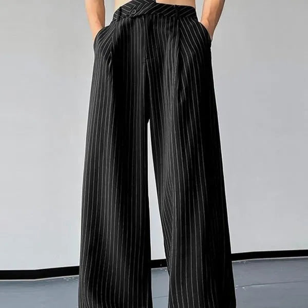 Black men's trousers with vertical stripes and pleated front design on elastic fabric