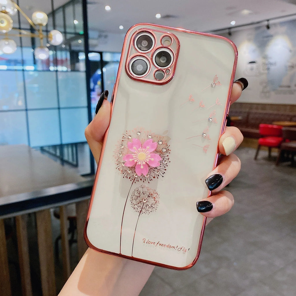 Green TPU phone case with spinning 3D floral design for iPhone with integrated screen protector
