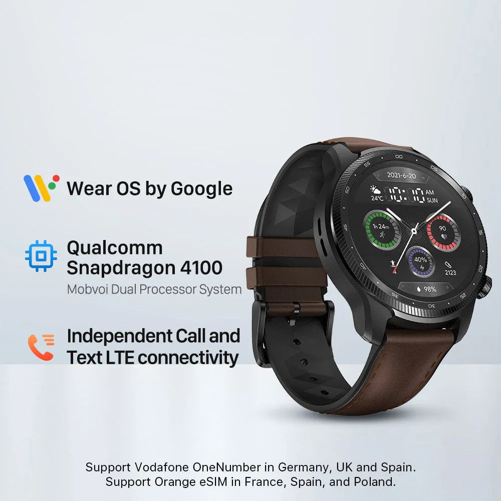 Ticwatch Pro X smart watch with circular display showing fitness metrics