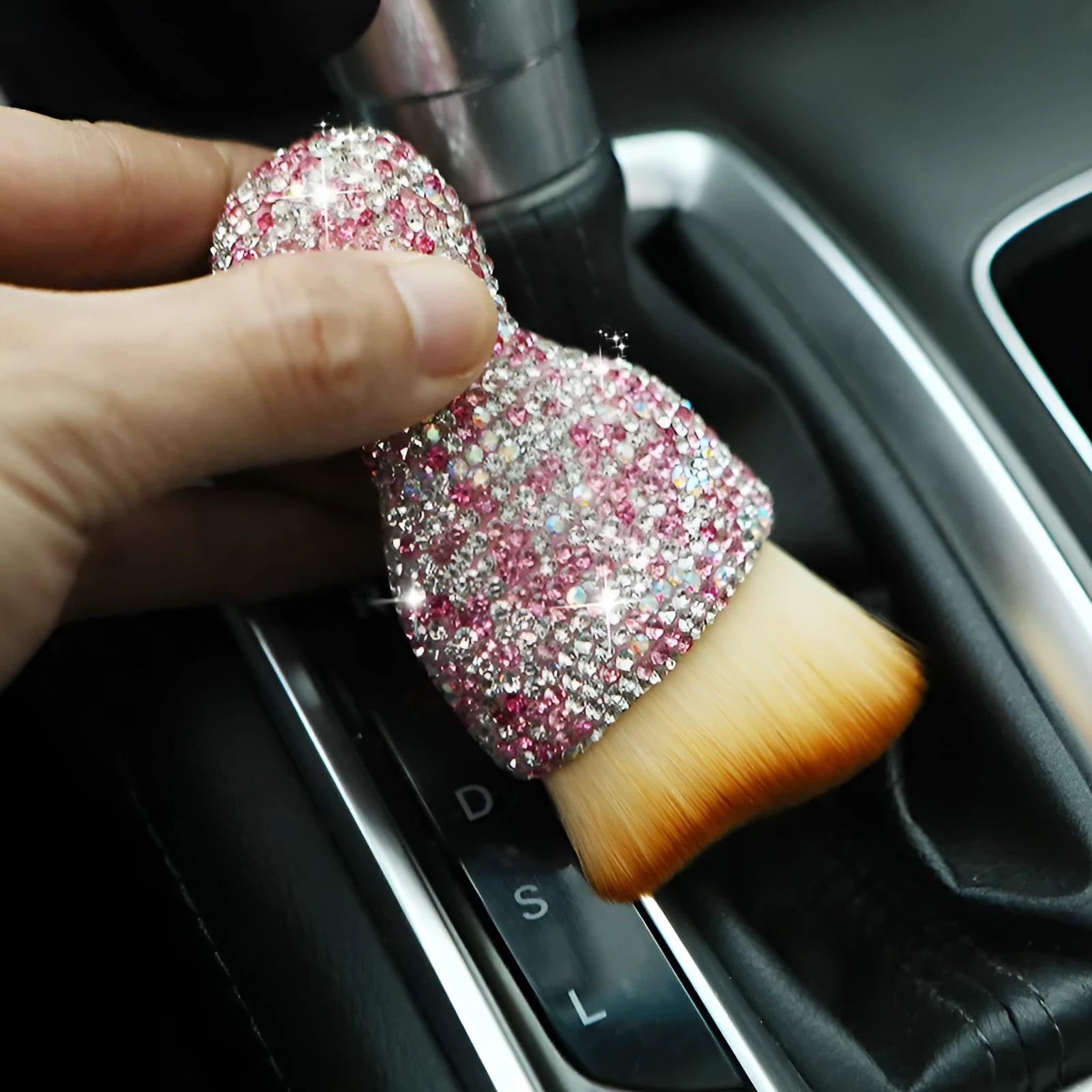 Compact car interior soft brush for dust removal with PVC bristles, 10cm length, in pink