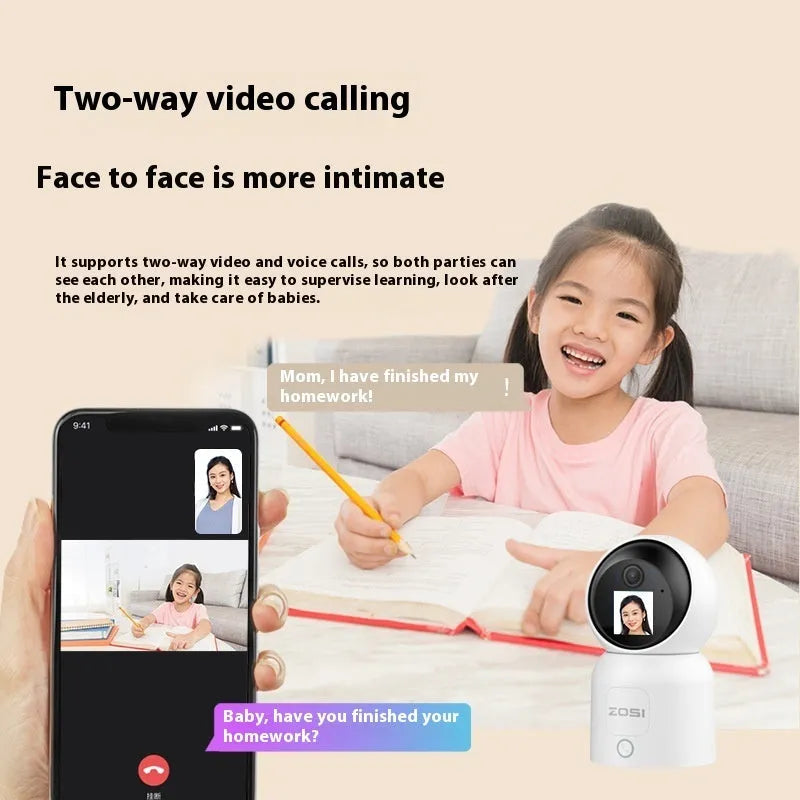 Zhou Shi wireless indoor security camera with built-in screen on white plastic housing
