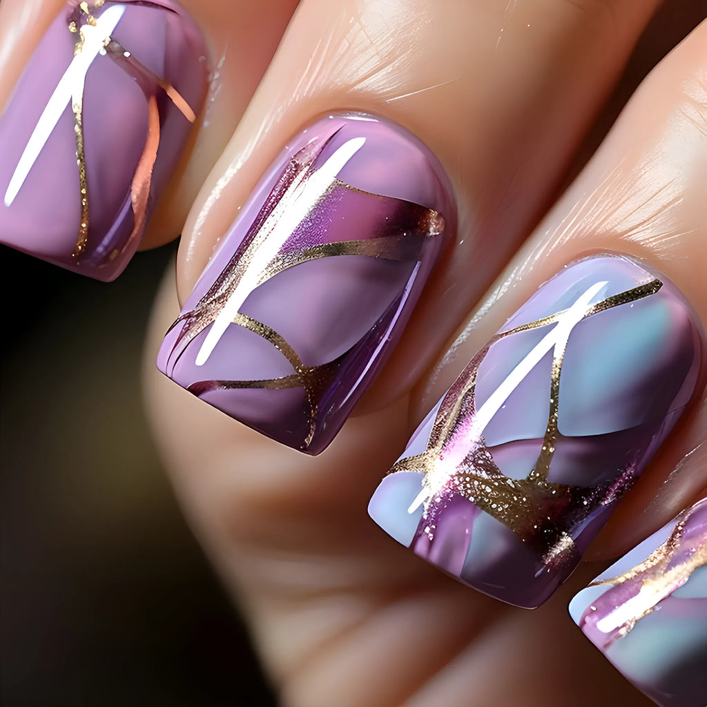Purple striped mid-length nail stickers with European and American style on a light background
