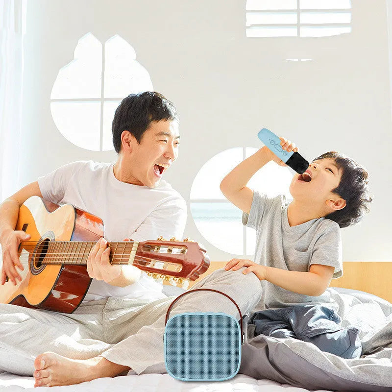 Wireless Bluetooth portable speaker with microphone in white plastic shell, 8x6.5x7 cm size, with USB charging port