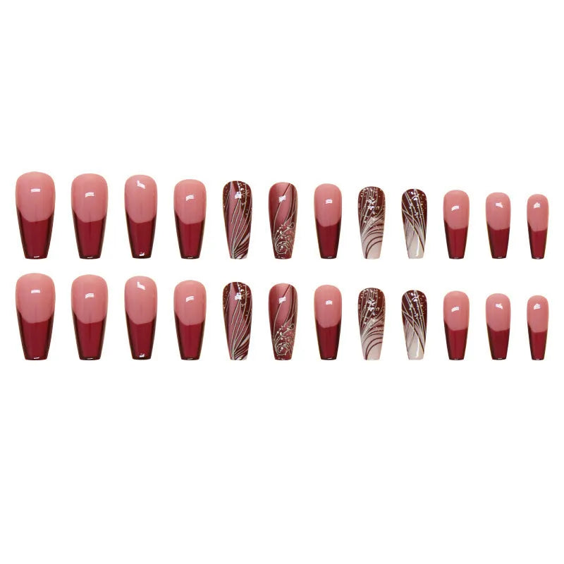 Line pattern fake nails in French line design W1620 with glue tube on white background