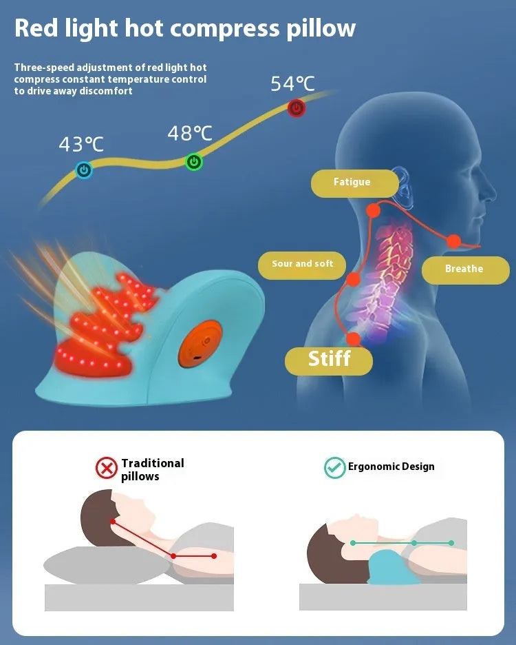 Blue USB-powered cervical traction pillow with red light and infrared therapy on a flat surface