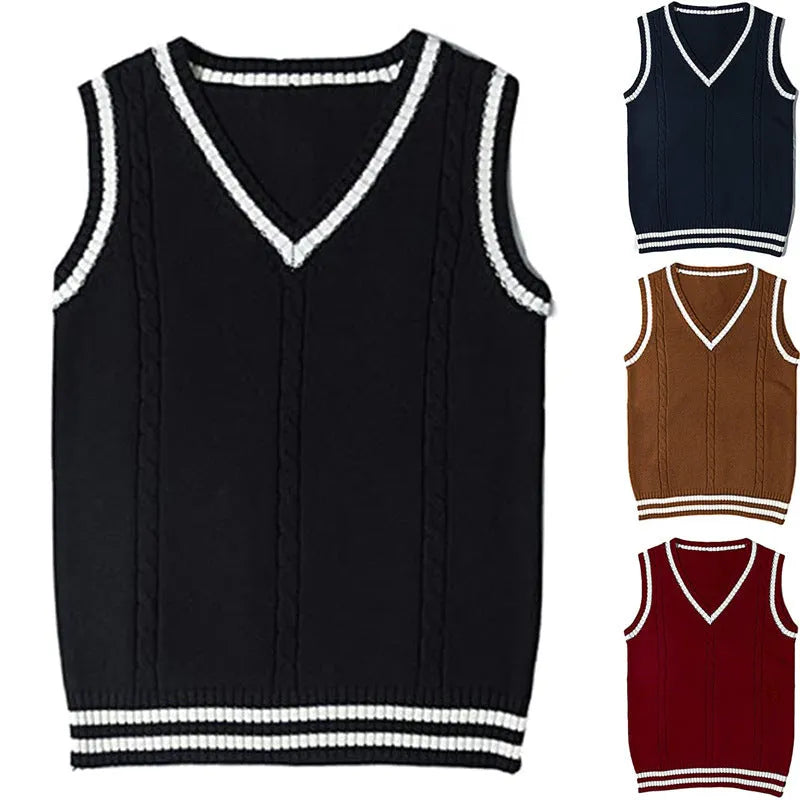 Women's slim fit waistcoat V-neck acrylic sweater with striped stitching in multiple colours