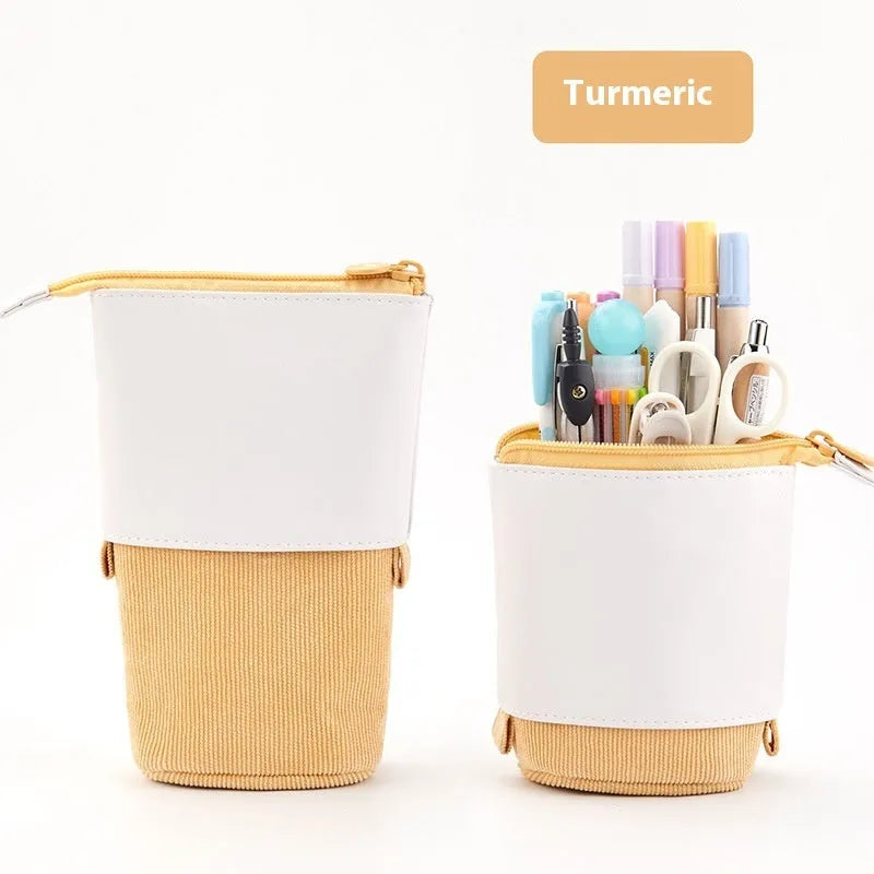 Corduroy telescopic stationery case with drop-down front panel in six colour options