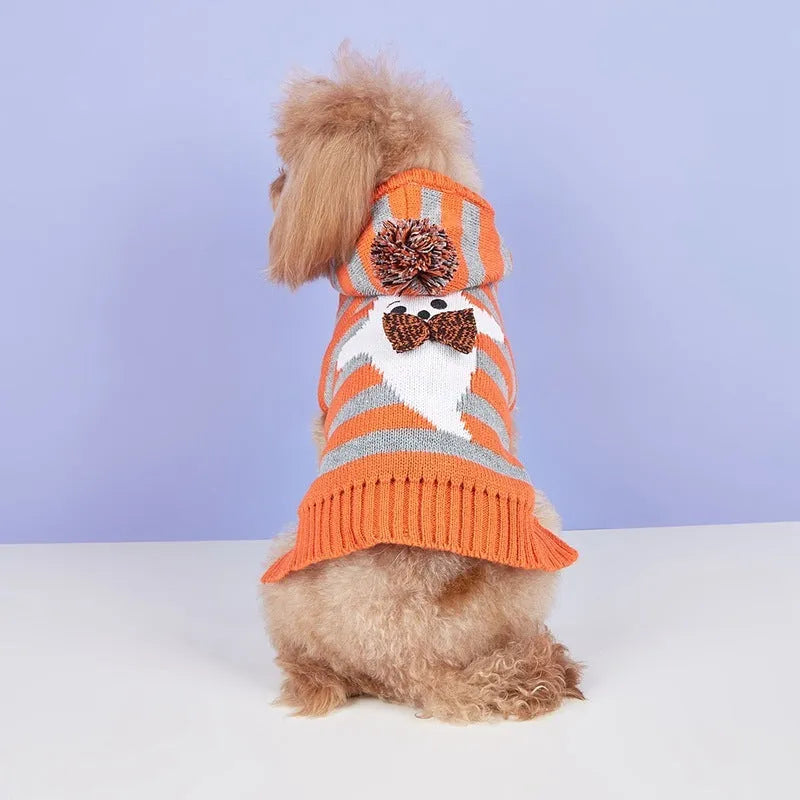 Orange knitted hooded pet sweater with contrast stripes and fur ball for small dogs and cats