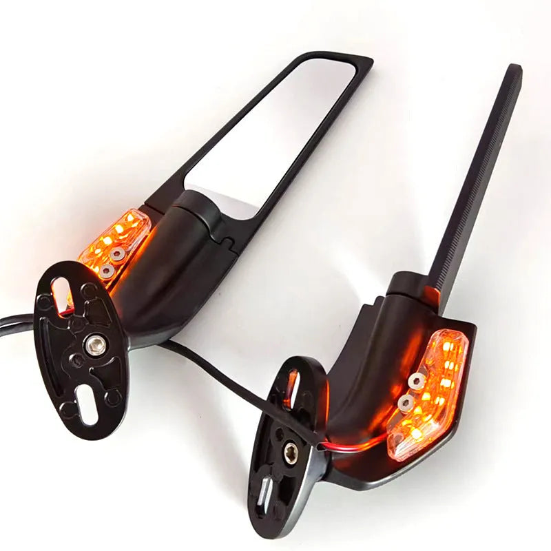 Pair of yellow-reflector aluminium alloy motorcycle rearview mirrors with convex lenses.