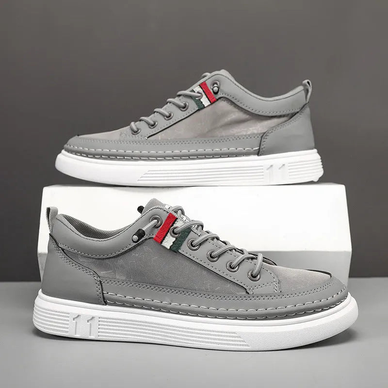 Casual men's high-top sneakers with PU leather upper and PVC sole in black, gray, and green