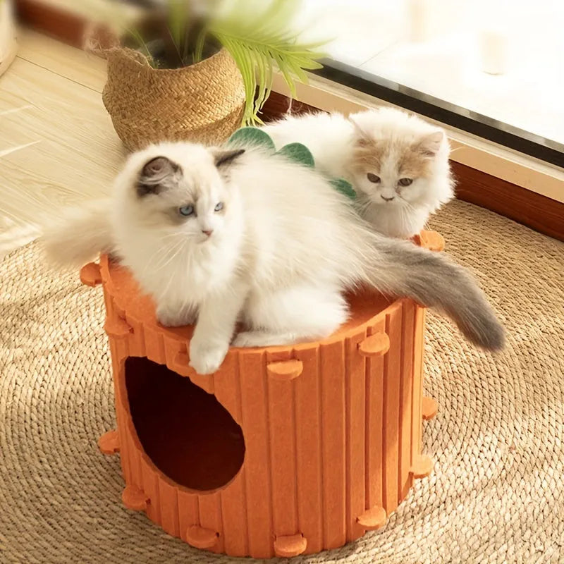 Carrot-shaped grey felt cat nest with a tunnel entrance, shown in two sizes for indoor cats.