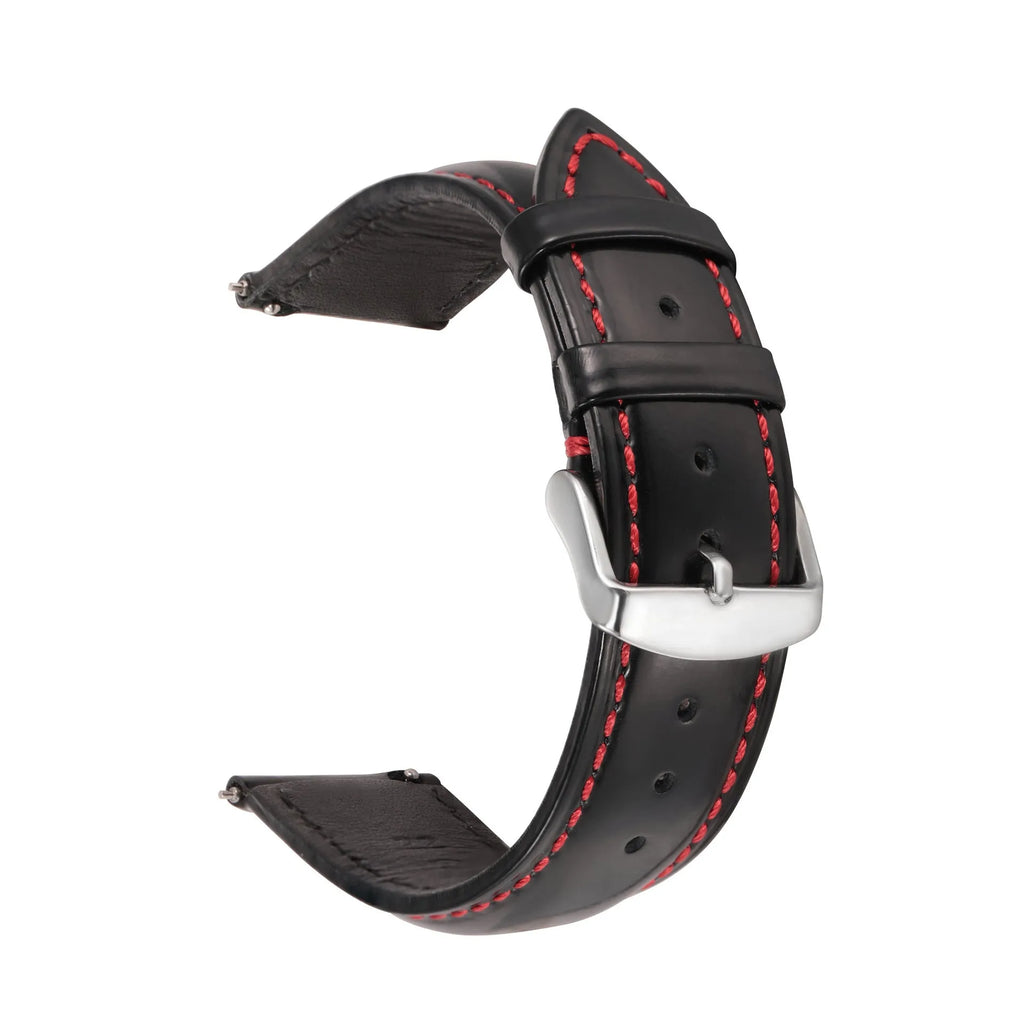 Quick release leather watch strap in bright cowhide, shown in multiple colour and width options.