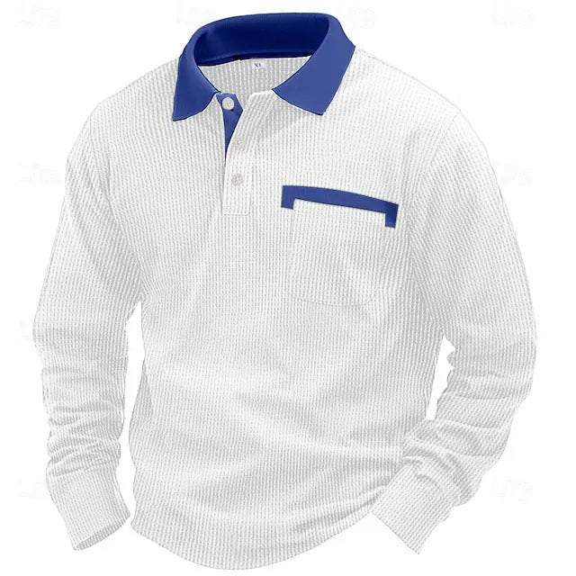 Man wearing a long-sleeved waffle-knit polo shirt in a solid colour with asymmetric detailing.