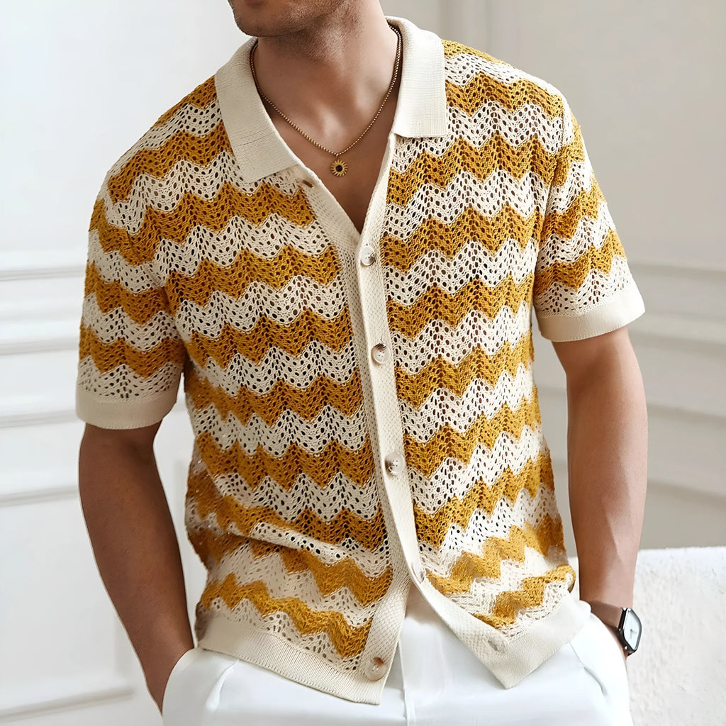 Short sleeve corrugated texture sweater in blue, brown, or yellow colours on a hanger.