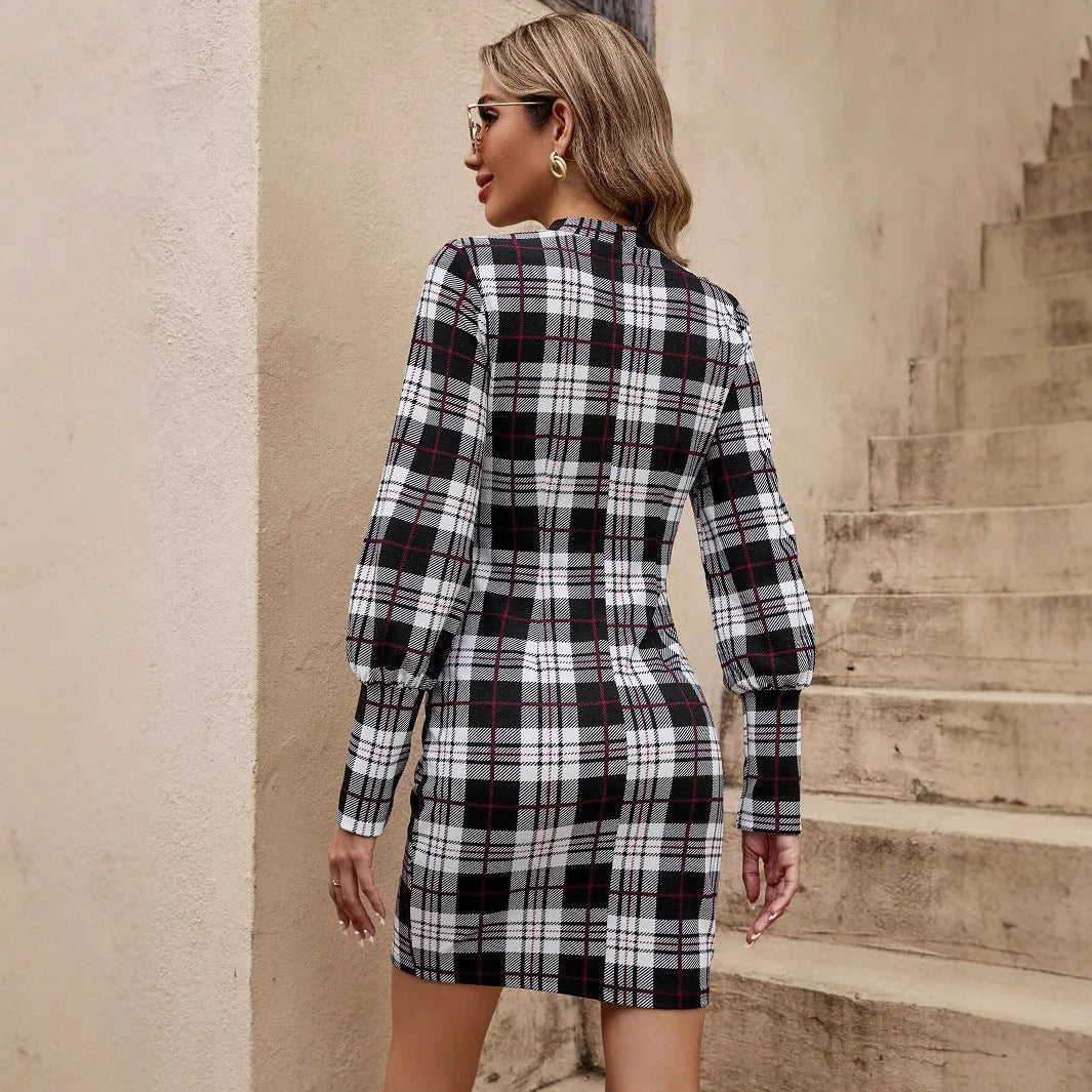 Black lantern sleeve tight dress with printed pattern and leather stitching detail, mid-length design with mid waist