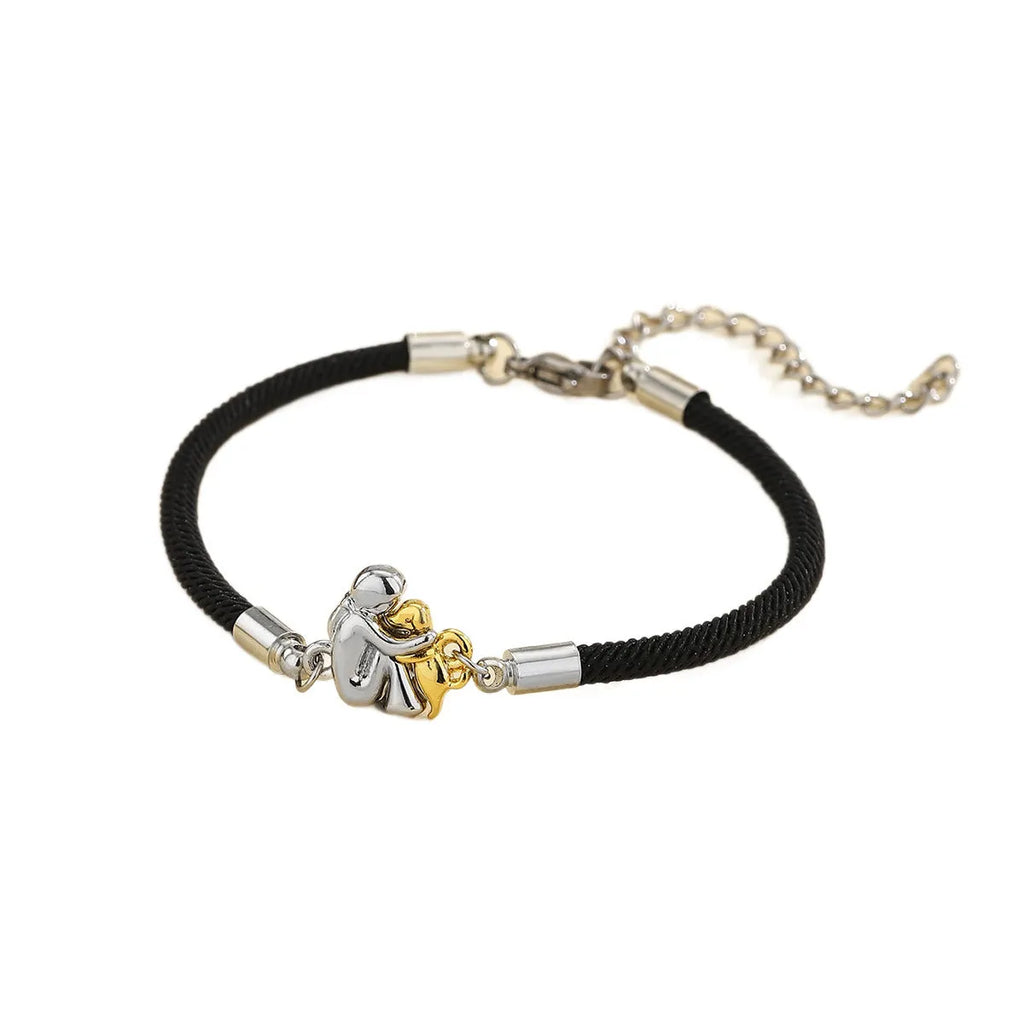 Black electroplated flexible wire woven couple bracelet with angel motif