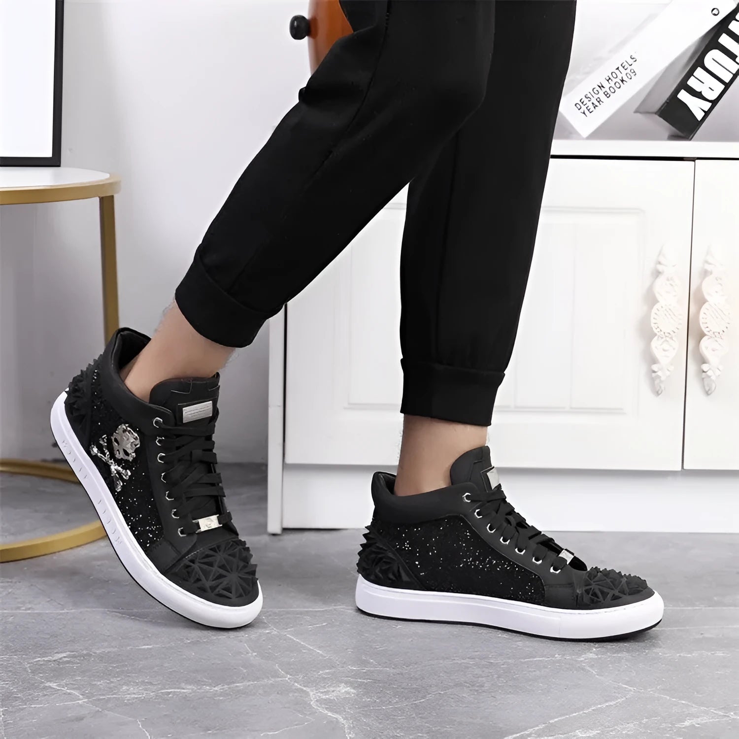 Men's black genuine leather high top skeleton shoes with lace-up front and round toe.