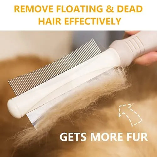 White double sided dog and cat deshedding brush with curved comb and ergonomic handle.