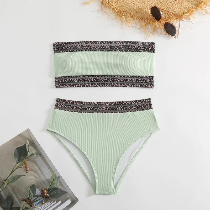 Black strapless swimsuit with leopard pattern splicing and brief-style bottoms