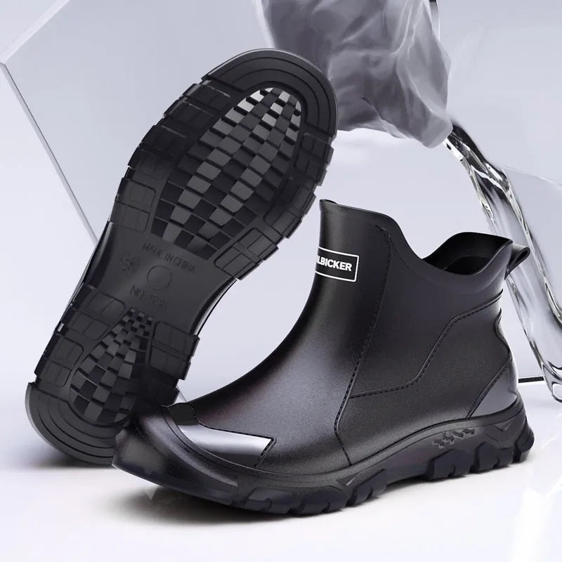 Pair of solid colour PVC rain boots with flat heel and round head, size 36-48, non-slip sole