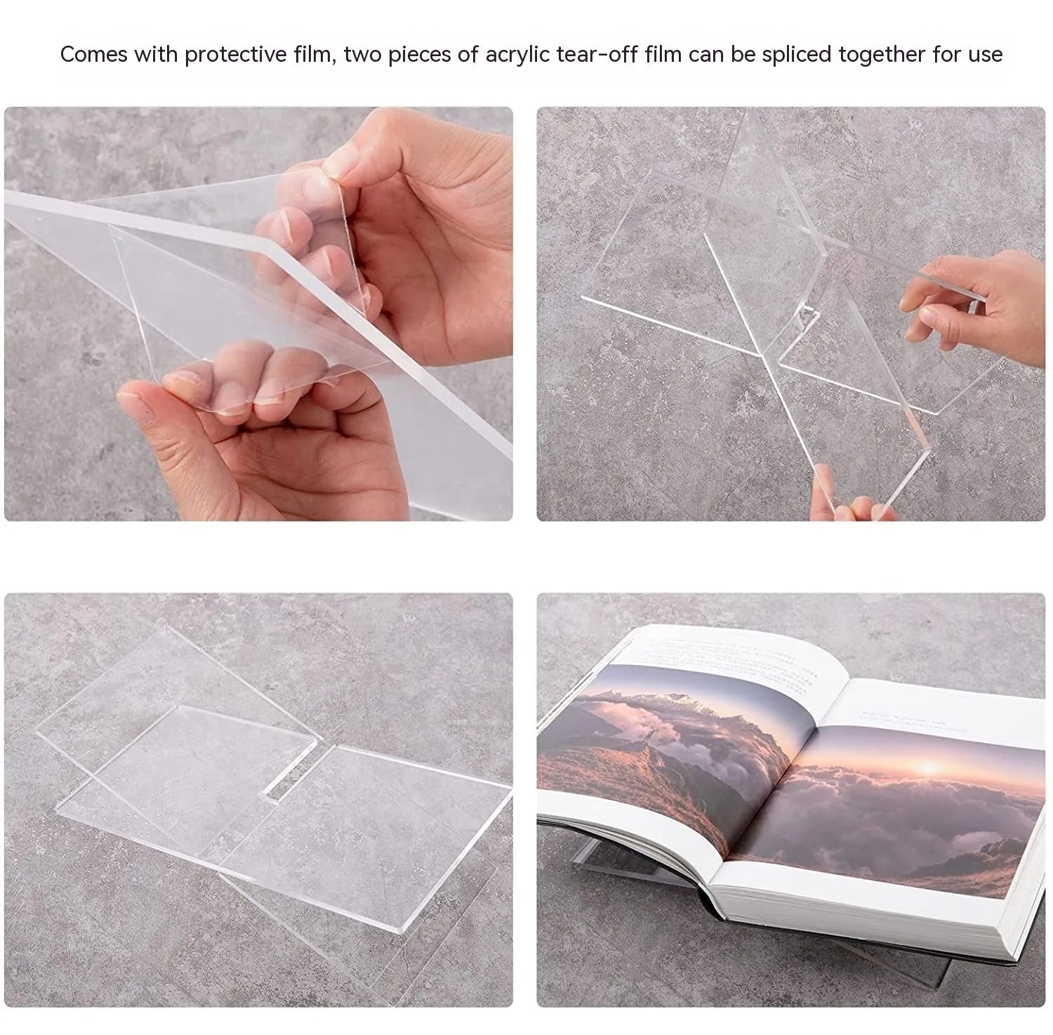 Clear acrylic X-shaped book reading rack holding an open book on a desk.
