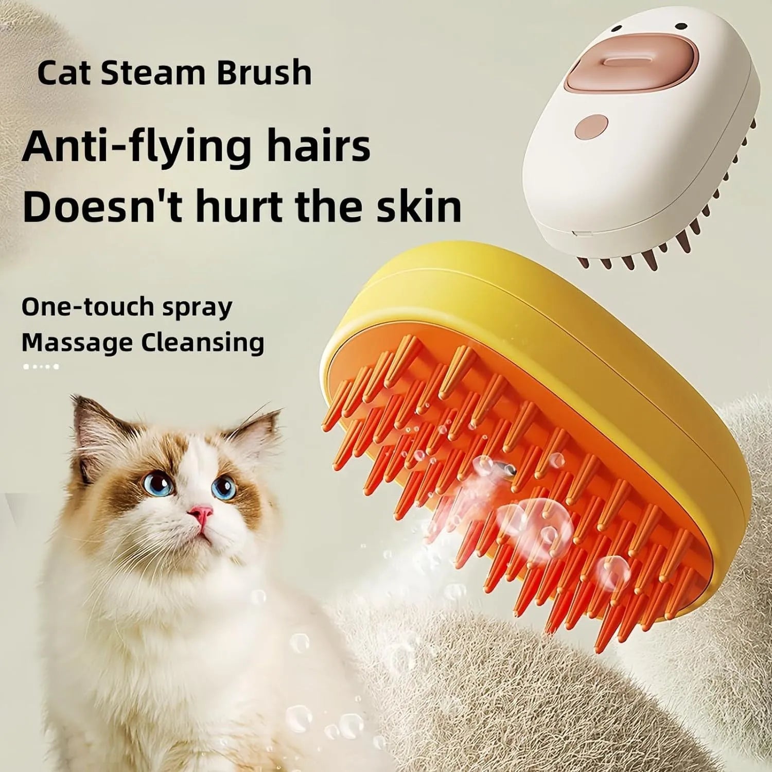 White rechargeable steam pet brush with soft rubber teeth and water tank for grooming dogs and cats.