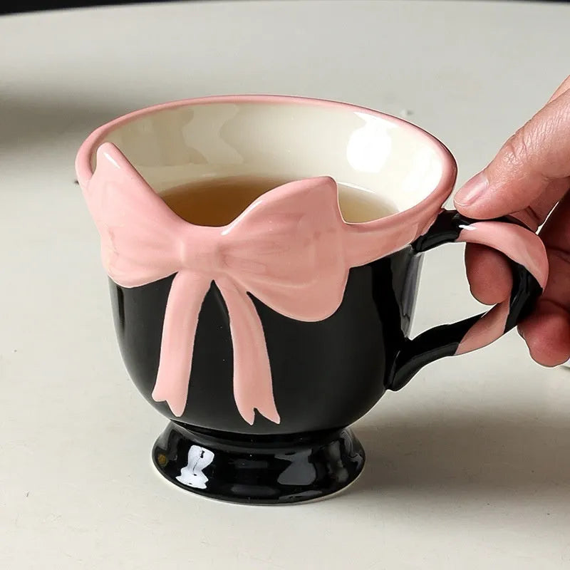 Original girl heart bow design ceramic mug in white powder or black pink colour with 301-400ml capacity