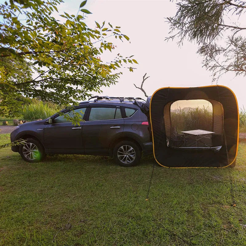 Pop-up outdoor camping car tail tent in black, unfolded to 200x200x200cm with steel frame and Oxford cloth body