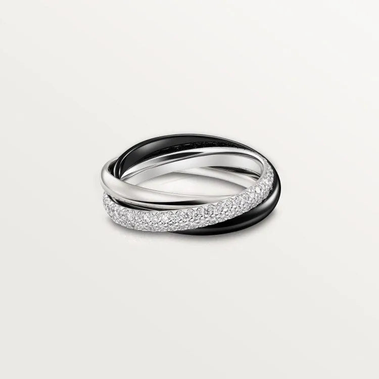 Silver geometric couple rings with diamond or plain options in rose gold and black finishes.