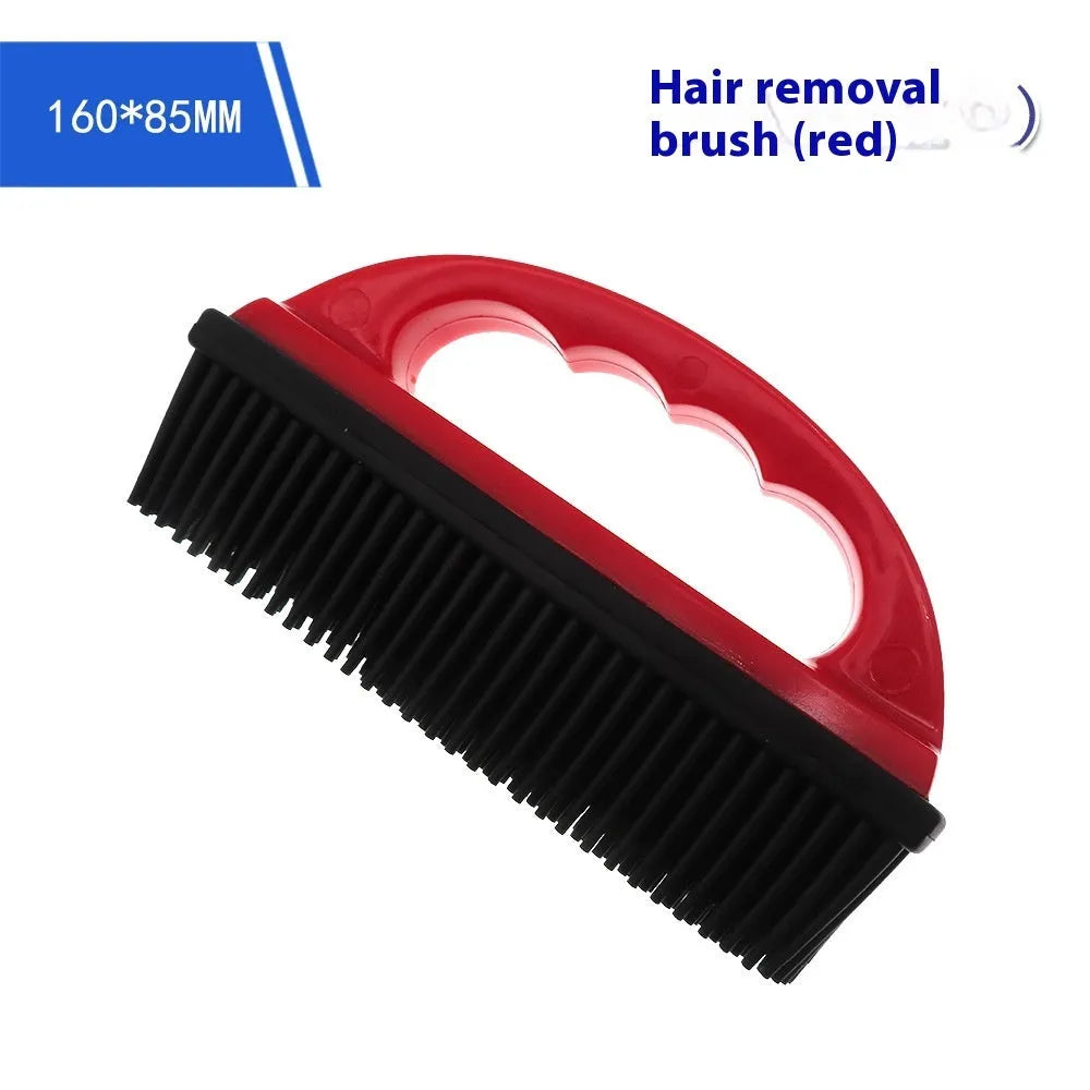 Red plastic pet hair removal brush for dog and cat grooming and carpet cleaning, dimensions 160mm by 85mm