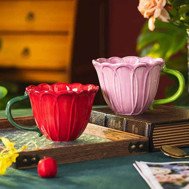 500ml pastoral style ceramic breakfast cup with a printed household flower pattern