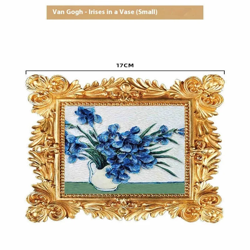 DIY oil painting kit box showing acrylic paints, brushes, and an epoxy pottery panel printed with Van Gogh's Sunflowers artwork.