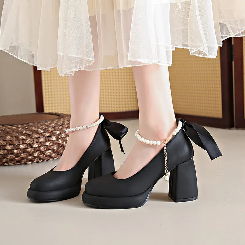 Women's Mary Jane shoes beige chunky heel pearl decoration round toe ankle strap