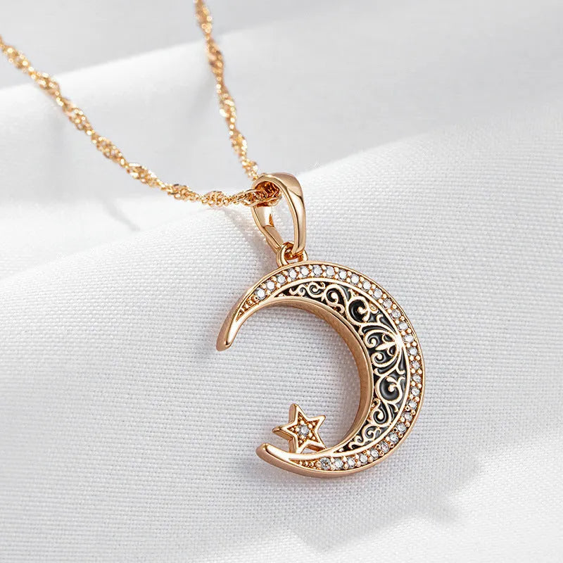 Rose gold star moon pendant necklace with zircon and enamel on adjustable water wave chain
