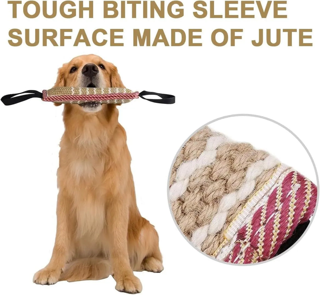 Beige jute dog tug toy with two fabric handles for interactive play