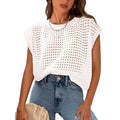 White loose-fit crochet pullover sweater with long sleeves and a round neck