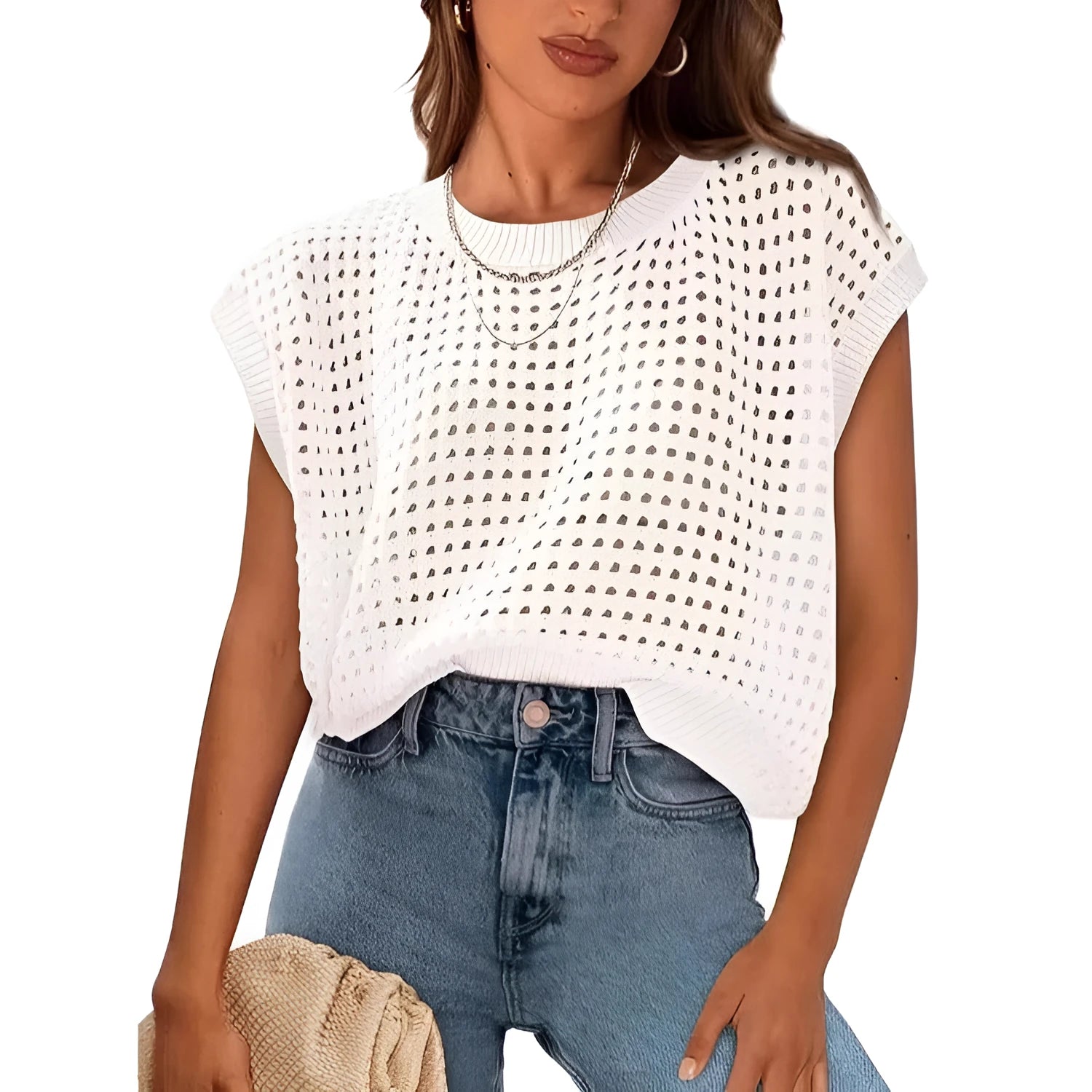 White loose-fit crochet pullover sweater with long sleeves and a round neck