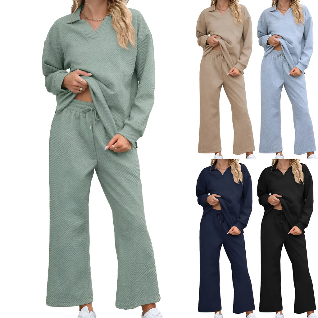 Women's solid colour lapel sweater and elastic waist trousers suit set in knitted jacquard geometric pattern